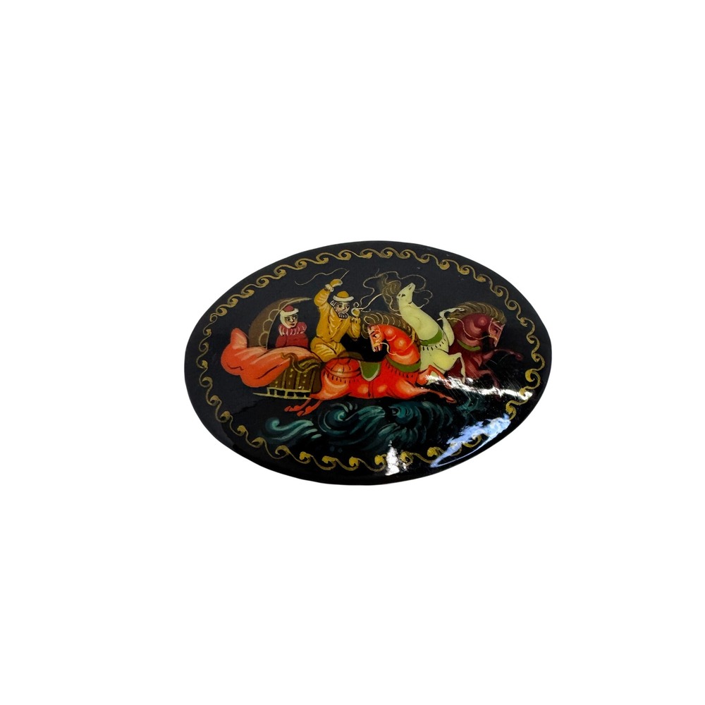 Vintage Russian Hand‎ Painted Oval Troika Pin Brooch Horse Sleigh Folk Art Scene